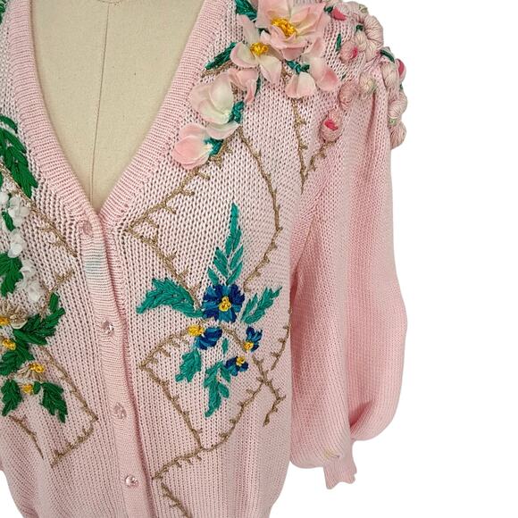 1980s Vintage Floral Hand Embroidered Granny Chunky Cardigan Sweater Pastel Pink - Picture 9 of 12